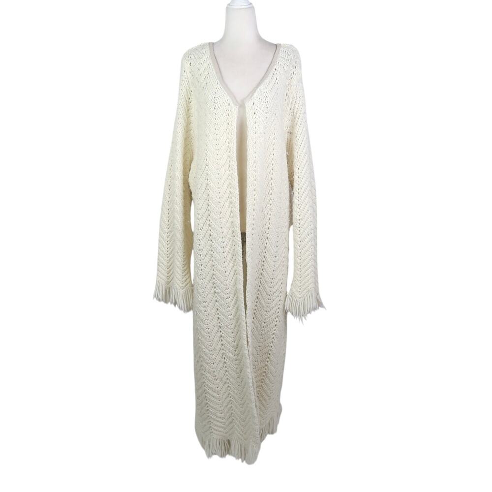 Vintage Cream Open-Knit Fringe Long Cardigan